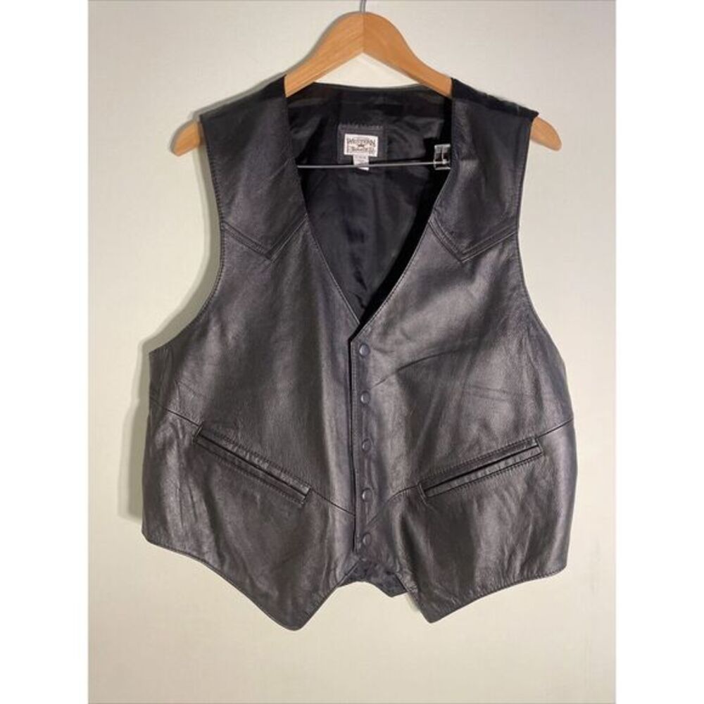 Western Frontier Men`s Genuine Black‎ Leather Buttoned Vest / Size Large